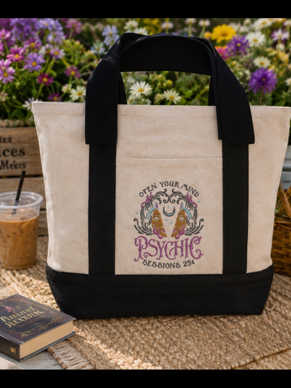 🖤 Custom Embroidered “Psychic Sessions” Canvas Tote 🔮
